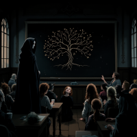 A cloaked figure stands before a classroom, illustrating a tree on a blackboard, symbolizing the idea that death is a teacher, guiding students through a journey of understanding.