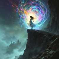 A figure stands on a rocky ledge, surrounded by a swirling, vibrant energy that symbolizes inner conflict, with a distant castle shrouded in mist, reflecting the battles fought within oneself.