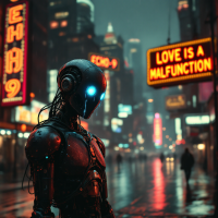 A futuristic city scene features a humanoid robot with glowing blue eyes, standing amidst neon signs, contemplating the complexities of human emotion and despair.