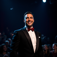 A smiling man in a tuxedo and bow tie stands confidently on stage, illuminated by soft lights, as an engaged audience watches intently, reflecting themes of presence and distraction.