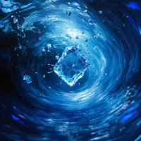 A swirling vortex of deep blue water encircles a lone ice cube, symbolizing isolation and the anguish of being unable to love, echoing the sentiment of suffering in hell.