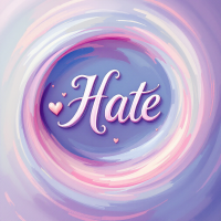 A swirling gradient of soft pastel colors surrounds the word Hate, conveying the complexity of strong emotions and their connection to love, inspired by a poignant book quote.