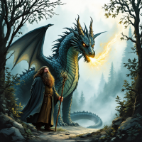 A wizard with a staff stands before a large, fierce dragon breathing fire, surrounded by misty trees, reflecting the caution of living near such a powerful creature.