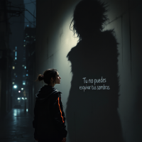 A woman stands in a dimly lit alley, gazing at her large shadow on a wall, with the Spanish words Tu no puedes enfrentar tus sombras illuminated beside her.