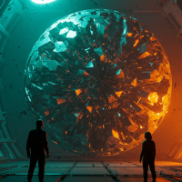 A glowing, spinning hyperspherical shell of four-dimensional metal edges retracts, revealing a complex, high-dimensional structure as two figures observe in a futuristic chamber.