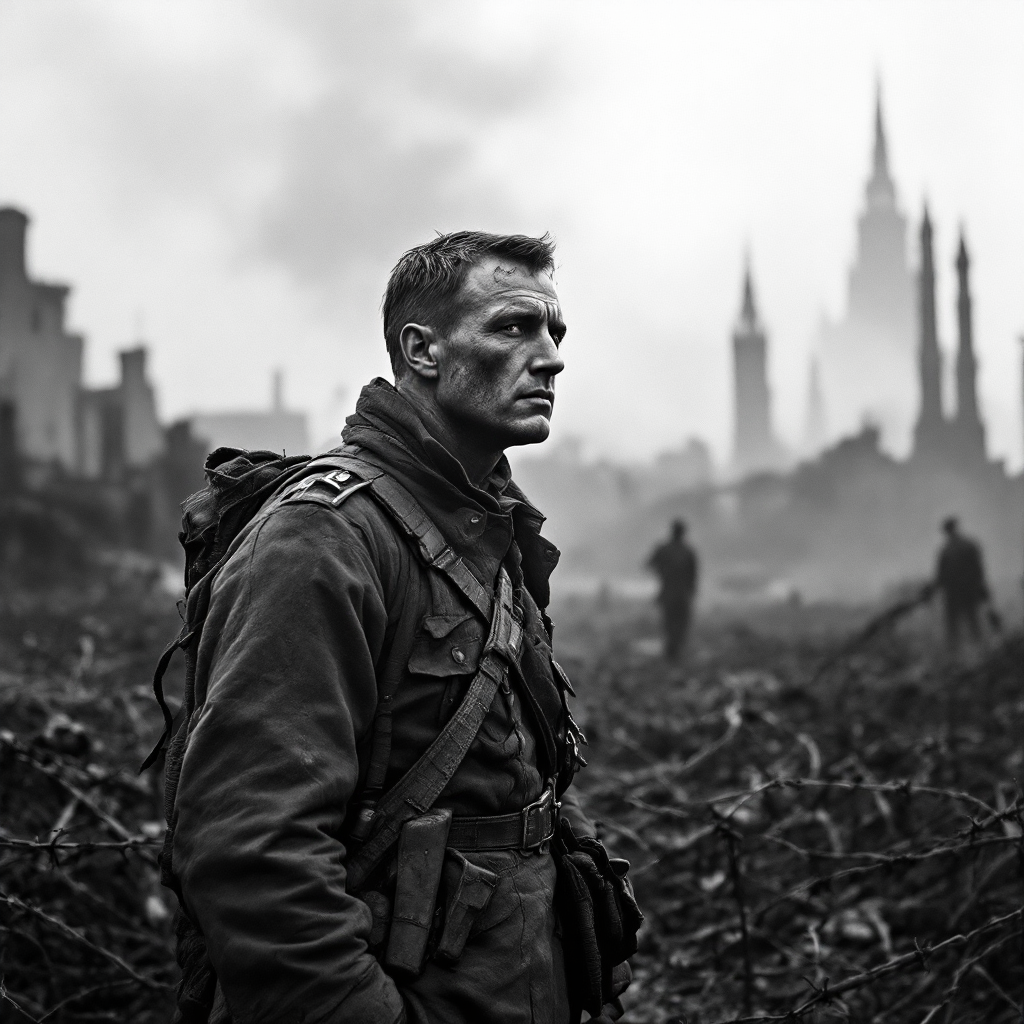 A soldier stands contemplatively in a barren landscape, ruins looming in the background, embodying the gravity of war and the echo of The Great War.