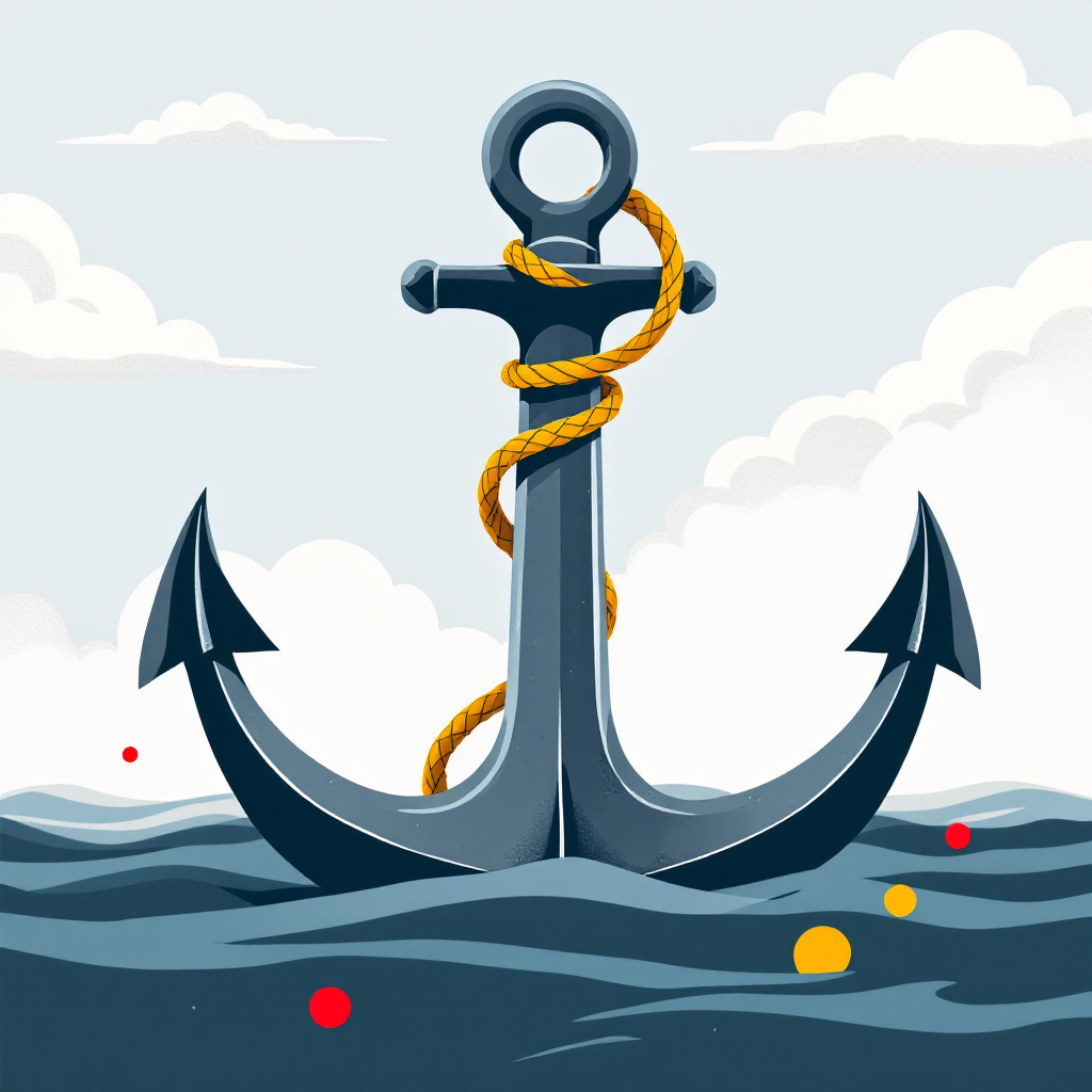 A strong anchor with a yellow rope rests in turbulent waters, symbolizing hope and stability amidst life’s storms, reflecting the quote: Hope is the anchor that keeps us grounded.