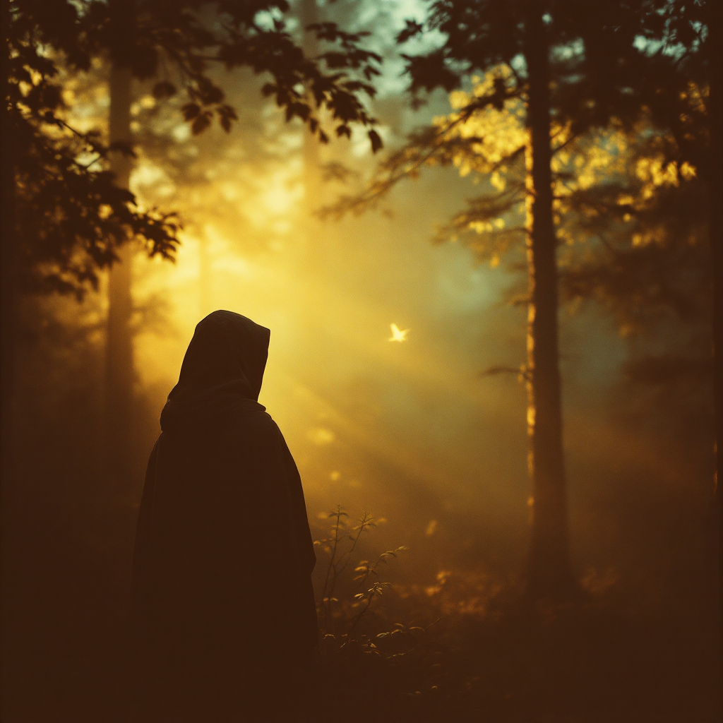 A figure in a hooded cloak stands in a misty forest, bathed in golden sunlight filtering through the trees, embodying the quote: “What’s coming will come, and we’ll meet it when it does.”