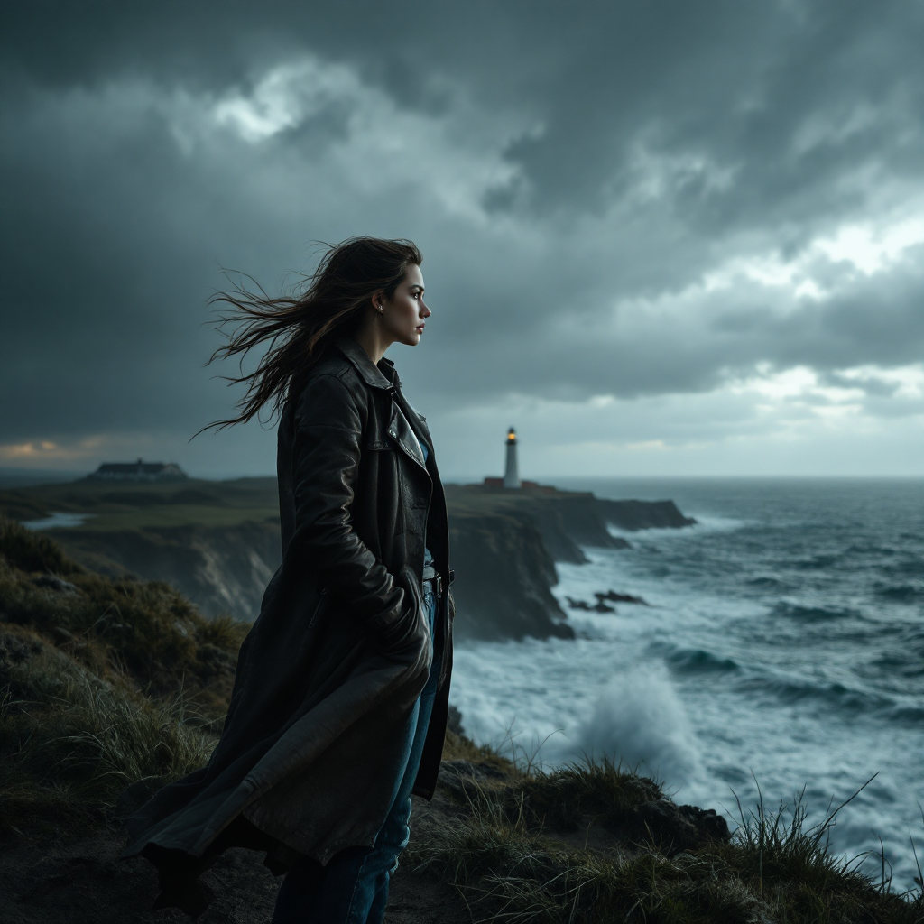 A solitary figure stands on a windswept cliff, gazing at turbulent waves. A lighthouse looms in the distance, embodying the struggle between hardship and righteousness.