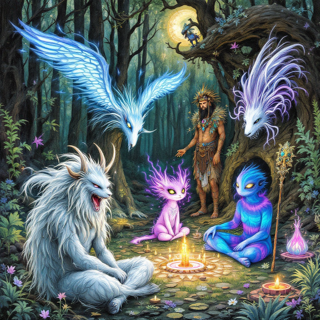 A mystical forest scene features a man surrounded by glowing mythical creatures, including winged entities and magical beings, gathered around a campfire that signifies shared supernatural beliefs.