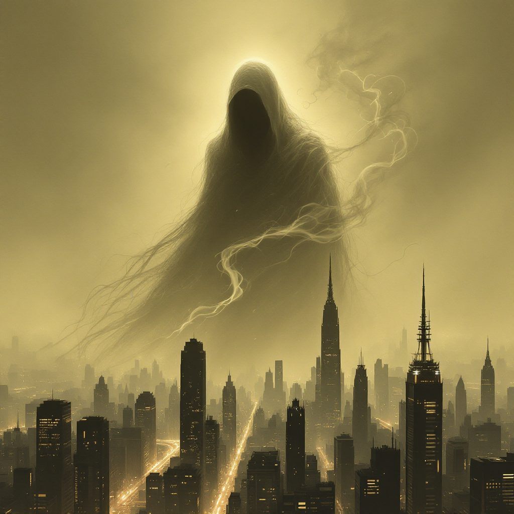 A ghostly figure looms above a city skyline, shrouded in mist, conveying the haunting weight of the past and the elusive nature of the future. Shadows intertwine in a sepia-toned atmosphere.