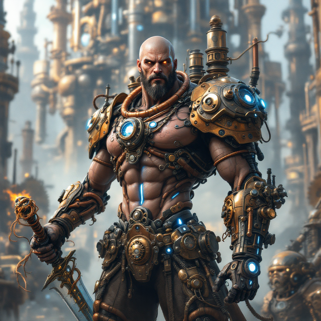 A powerful, muscular figure stands confidently, adorned in intricate steampunk armor with glowing accents. The backdrop features a fantastical cityscape, embodying bravery in the face of fear.