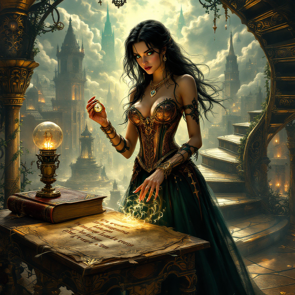 A mystical figure stands by a glowing orb and an ancient book, embodying the interplay of legend and truth, set against an enchanting, fantastical backdrop.