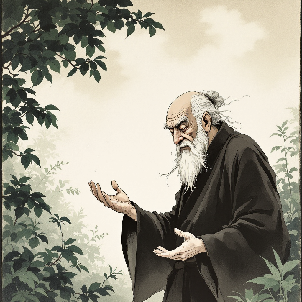 An elderly man in a dark robe stands amidst green foliage, gesturing thoughtfully, embodying the essence of the quote, Le langage est source de malentendus.