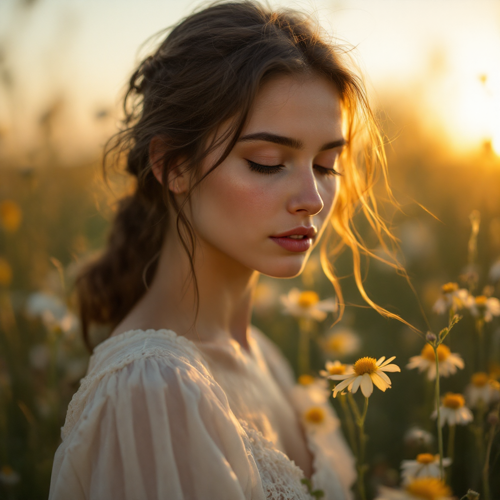 A young woman stands among wildflowers, her expression serene as sunlight bathes her in a warm glow, embodying the essence of learning and reflection.