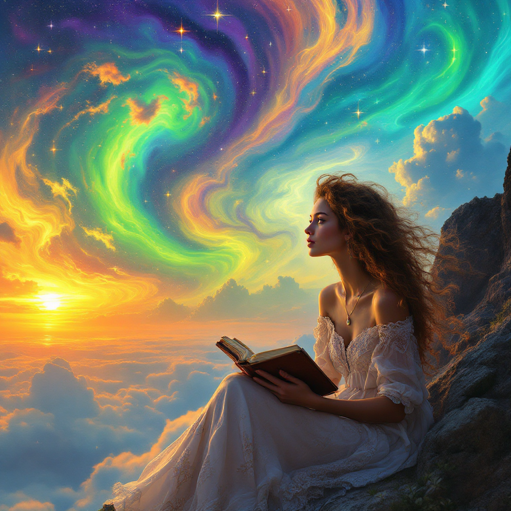 A woman in a flowing white dress sits on a rocky ledge, reading a book. Above her, vibrant swirls of color and a stunning sunset blend in the sky, capturing the beauty of unspoken emotions.