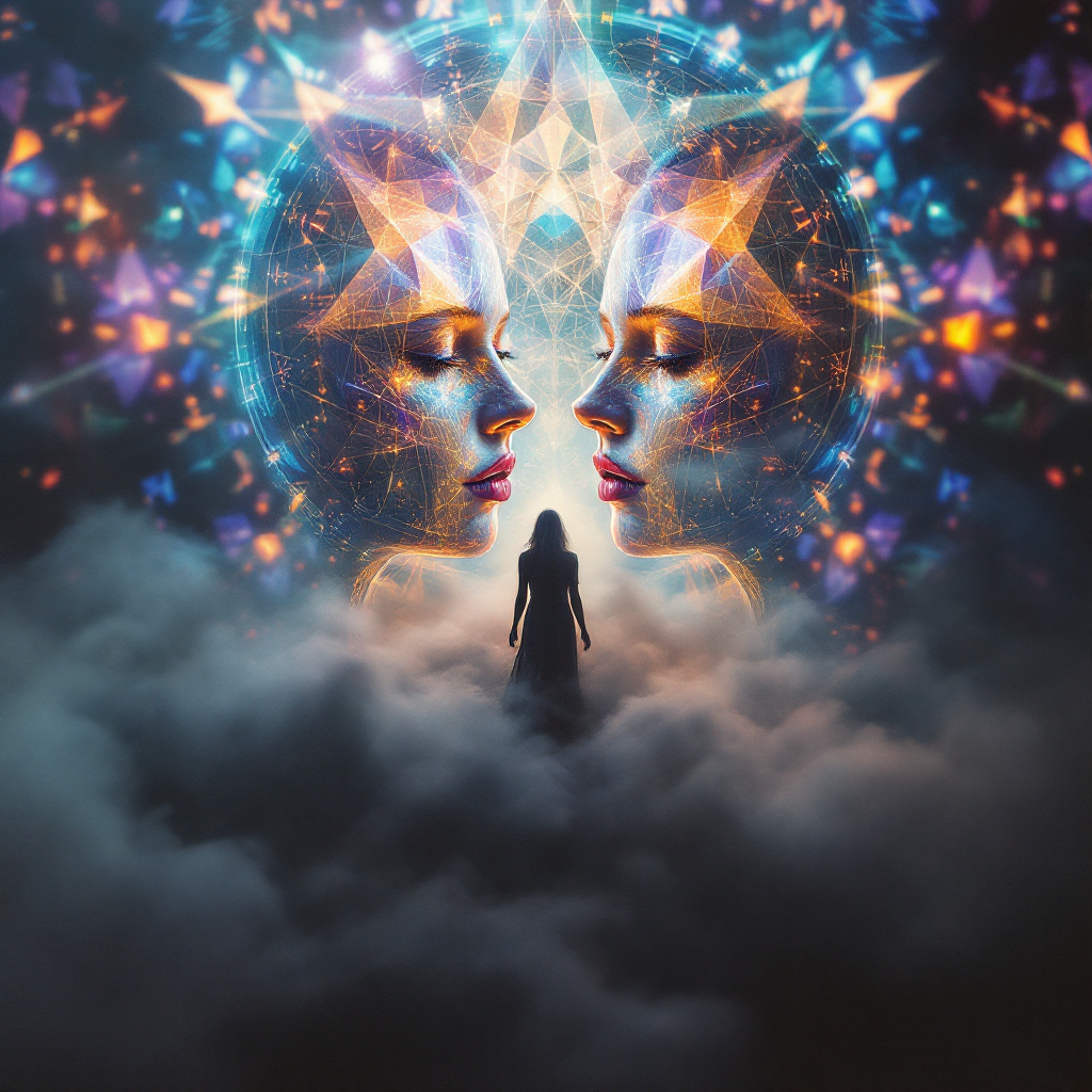 A solitary figure stands amidst swirling clouds, gazing at two symmetrical faces formed from vibrant, kaleidoscopic patterns, embodying the complexity of truth from multiple perspectives.