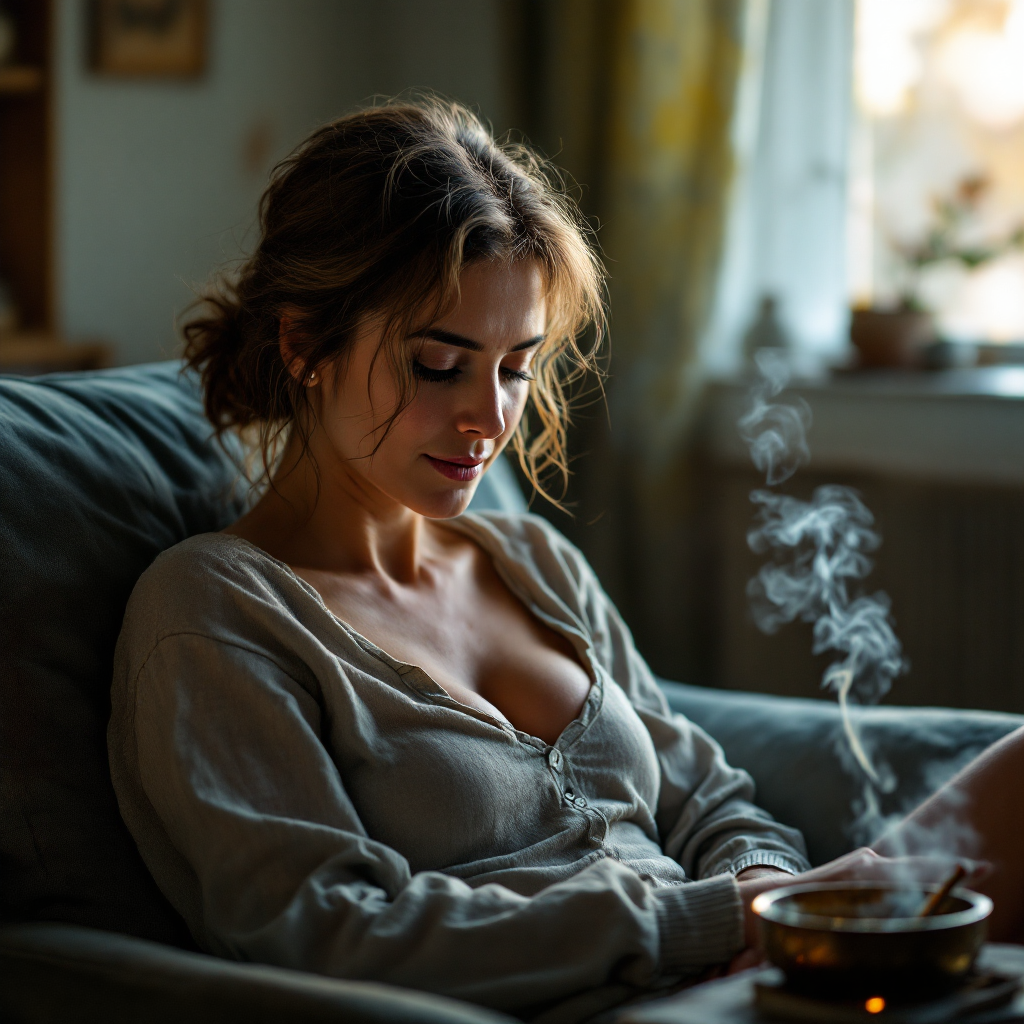 A woman sits quietly on a couch, looking down thoughtfully next to a steaming cup, reflecting the regret in the quote about not listening to her mother’s advice.