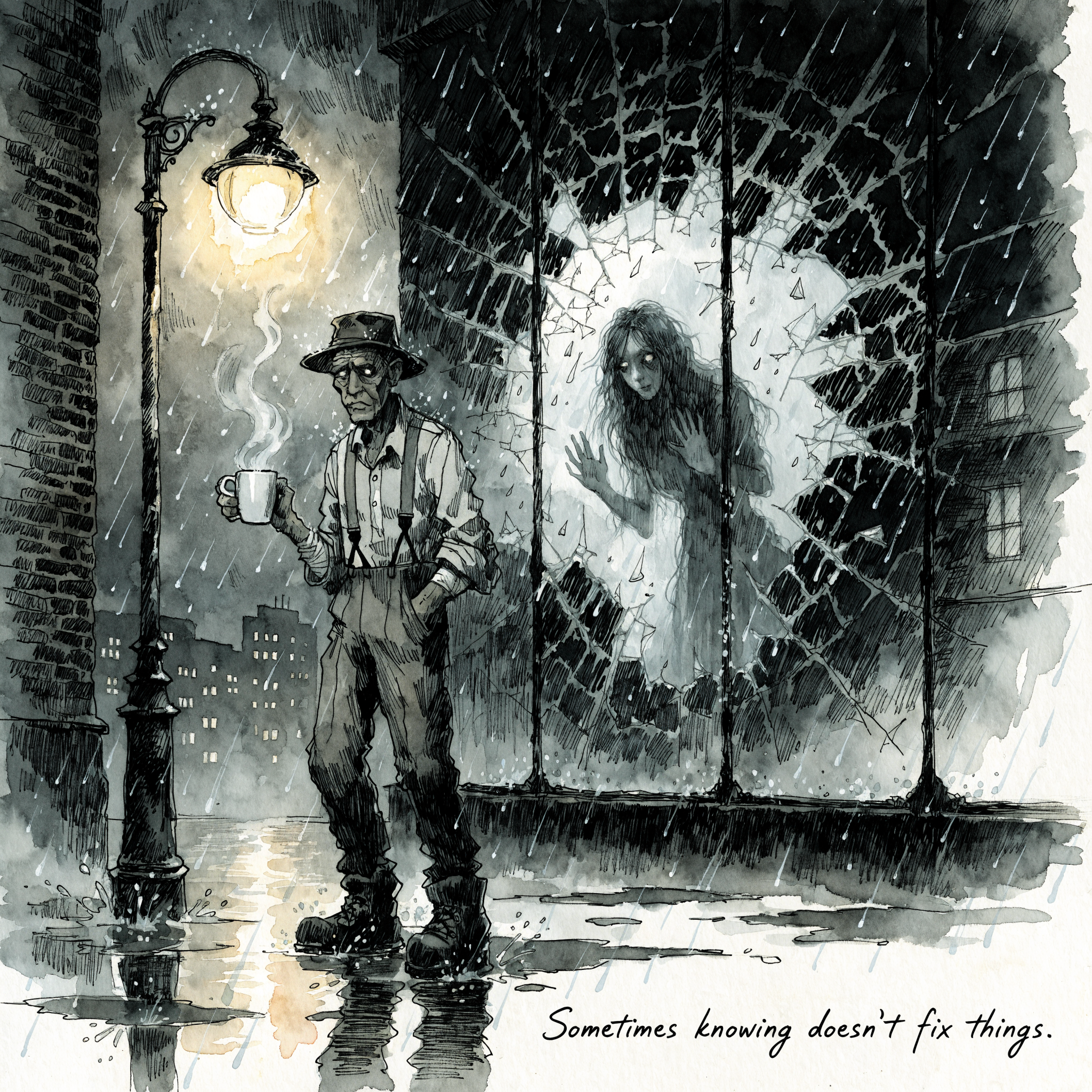 A somber figure stands under a streetlamp in the rain, while a ghostly woman appears behind shattered glass, reflecting the quote: Sometimes knowing doesn't fix things.