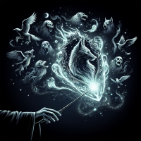 A hand holding a wand emits a brilliant light forming a spectral fox surrounded by ethereal creatures and magical swirls. Inspired by the book quote, Expecto Patronum!