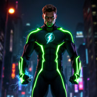 A powerful hero stands confidently in a futuristic cityscape, clad in a sleek, glowing suit with lightning motifs, embodying the spirit of courage and decision-making.