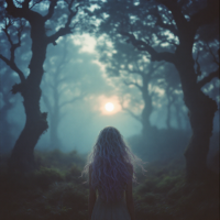 A figure with wavy hair stands in a misty forest, gazing toward a glowing orb in the distance, symbolizing hidden possibilities beyond perceived reality.