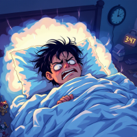 A cartoonish boy in bed looks terrified, wide-eyed and sweating, surrounded by a glowing aura. A clock shows it's 3:47 AM, capturing the essence of restless, interrupted sleep.