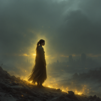 A silhouetted figure stands on a rocky ledge, surrounded by a glow of light amidst dark, cloudy surroundings, symbolizing hope and resilience in the face of despair.