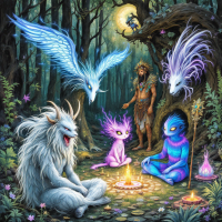 A mystical forest scene features a man surrounded by glowing mythical creatures, including winged entities and magical beings, gathered around a campfire that signifies shared supernatural beliefs.