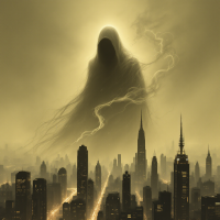 A ghostly figure looms above a city skyline, shrouded in mist, conveying the haunting weight of the past and the elusive nature of the future. Shadows intertwine in a sepia-toned atmosphere.