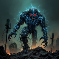 A towering, electric-blue monster looms over a desolate landscape, embodying the quote Better be a monster than a victim with its fierce presence and glowing red eyes.