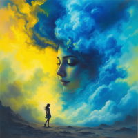 A figure stands in a landscape, gazing at a large, serene face formed from swirling blue and golden clouds, embodying the complexity of reality and belief.