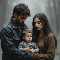 A family of three stands closely together in a misty forest. The parents, with somber expressions, hold their young child, embodying a shared struggle to find their way.