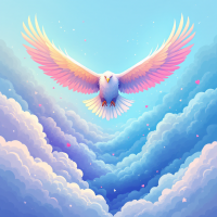 A soaring bird with vibrant, multicolored wings glides through a dreamy sky filled with soft, swirling clouds, symbolizing the highs and lows of love.