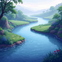 A serene river winds through lush green hills, flanked by trees and wildflowers. The landscape captures the essence of life's journey, echoing the quote about life's unseen beginnings and endings.