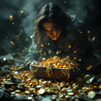 A somber figure hunches over an overflowing treasure chest filled with gold coins, symbolizing the burden of cherished memories weighing heavily on their heart.