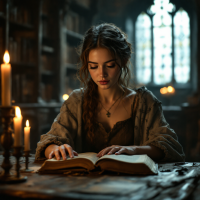 A young woman reads an ancient book illuminated by candlelight, surrounded by towering shelves of books in a dimly lit library, reflecting humanity's quest for knowledge.