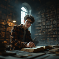 A young man with glasses sits at a large, open book in a dimly lit library, surrounded by towering shelves of books, embodying the spirit of curiosity and knowledge.