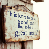 A weathered wooden sign displays the quote, It is better to be a good man than to be a great man, emphasizing the value of goodness over greatness.