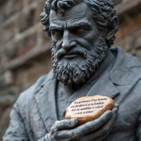 A solemn statue of a bearded man holding a stone with an inscription reflecting on love and greatness, against a textured brick background.