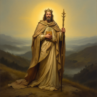 A regal figure stands in a serene landscape, wearing a crown and flowing robes, holding a staff and a book, embodying the quote about kingship and responsibility to their people.