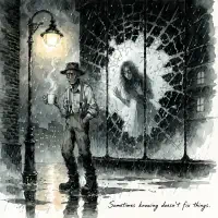 A somber figure stands under a streetlamp in the rain, while a ghostly woman appears behind shattered glass, reflecting the quote: Sometimes knowing doesn't fix things.