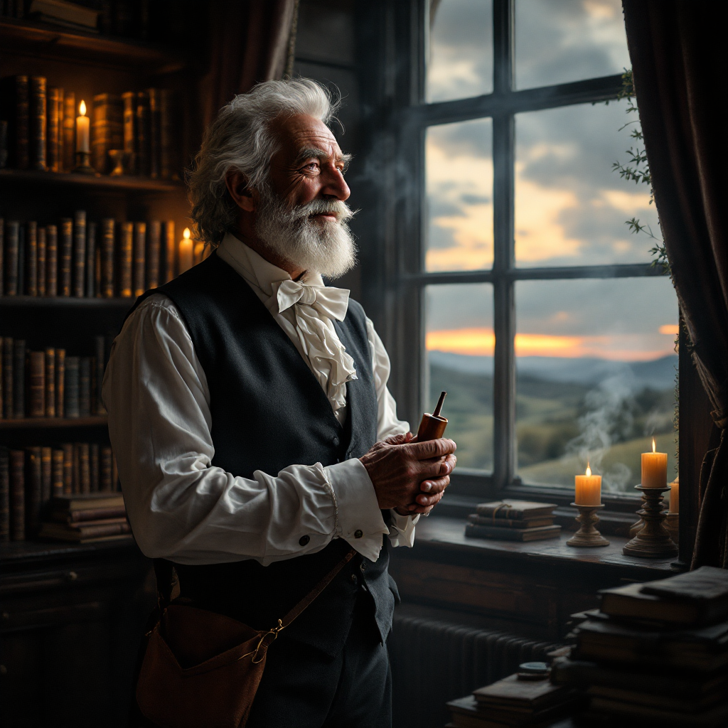 An elderly man with a distinguished beard stands contemplatively by a window, holding a pipe, surrounded by books and soft candlelight as sunset casts a warm glow.