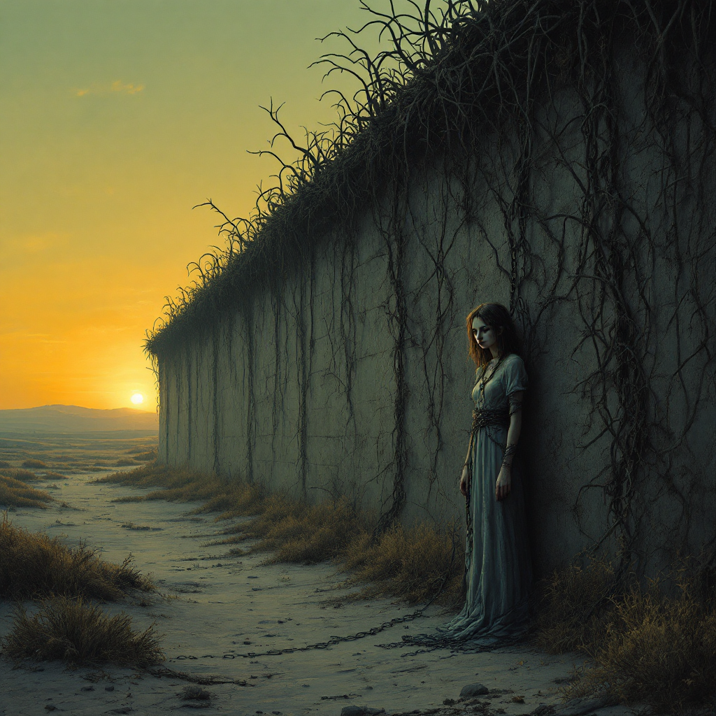 A woman stands against a towering, vine-covered wall at sunset, reflecting the quote about self-imposed prison, evoking a sense of isolation and introspection.