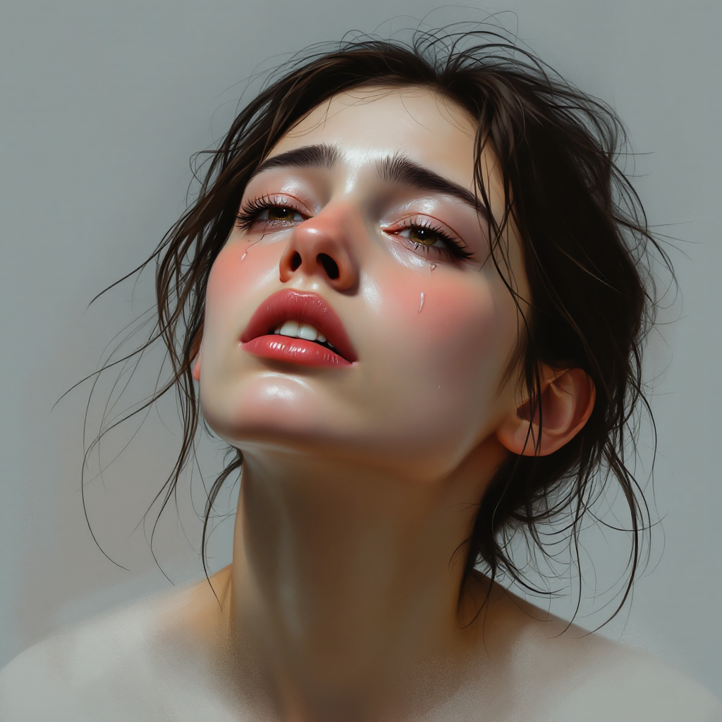 A close-up portrait of a young woman with teary eyes and a vulnerable expression, embodying the essence of emotional humanity as she stands on the verge of tears.