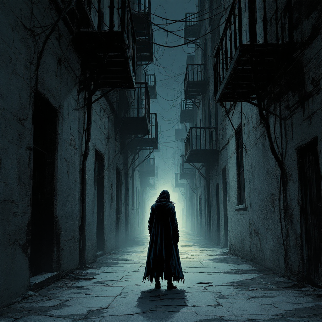 A mysterious cloaked figure stands at the end of a shadowy alley, enveloped in whispers and darkness, evoking the feeling of secrets lurking just out of sight.