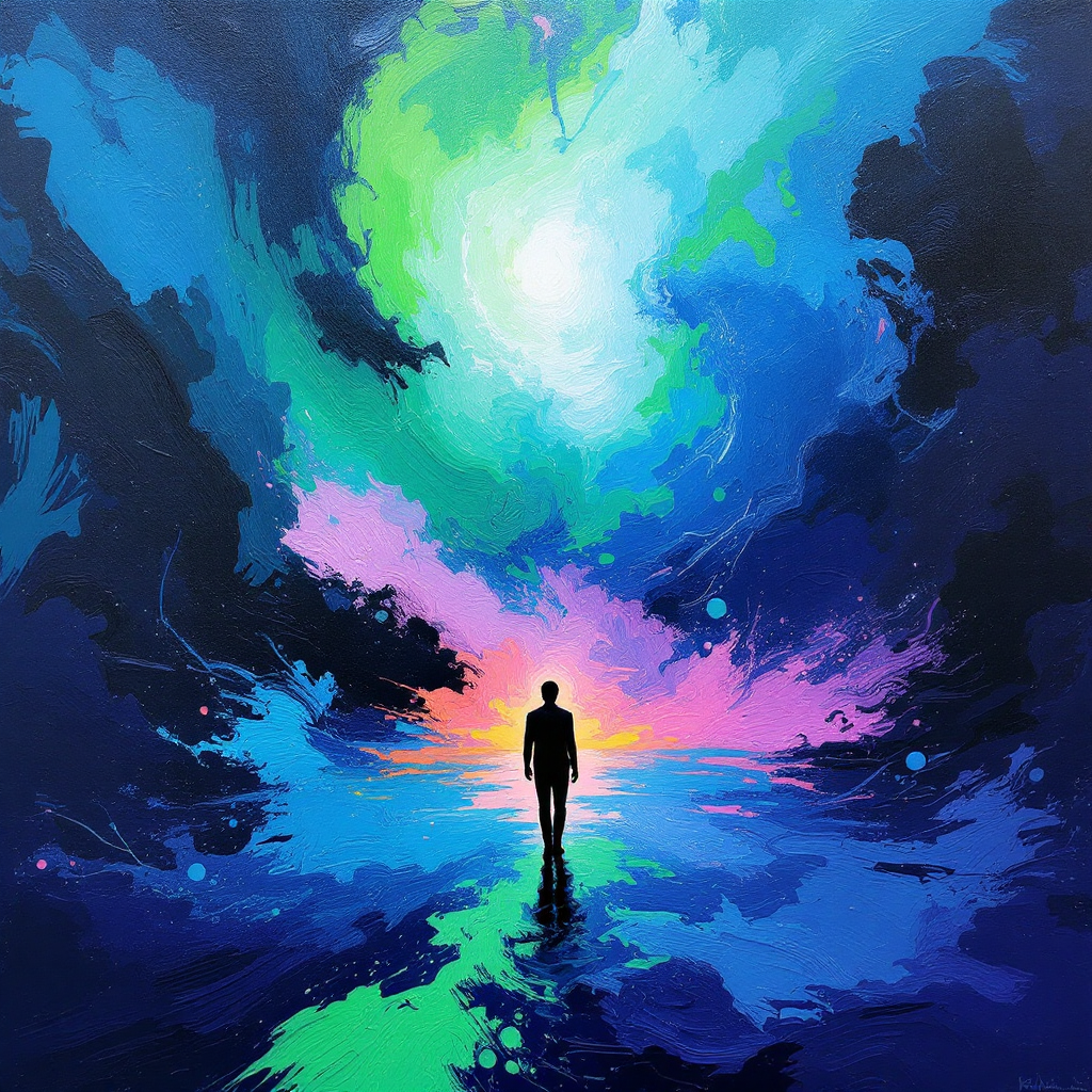 A vibrant, abstract landscape features a solitary figure standing amidst swirling colors of blue, green, and pink, embodying the quote's essence of expression and realness in art.