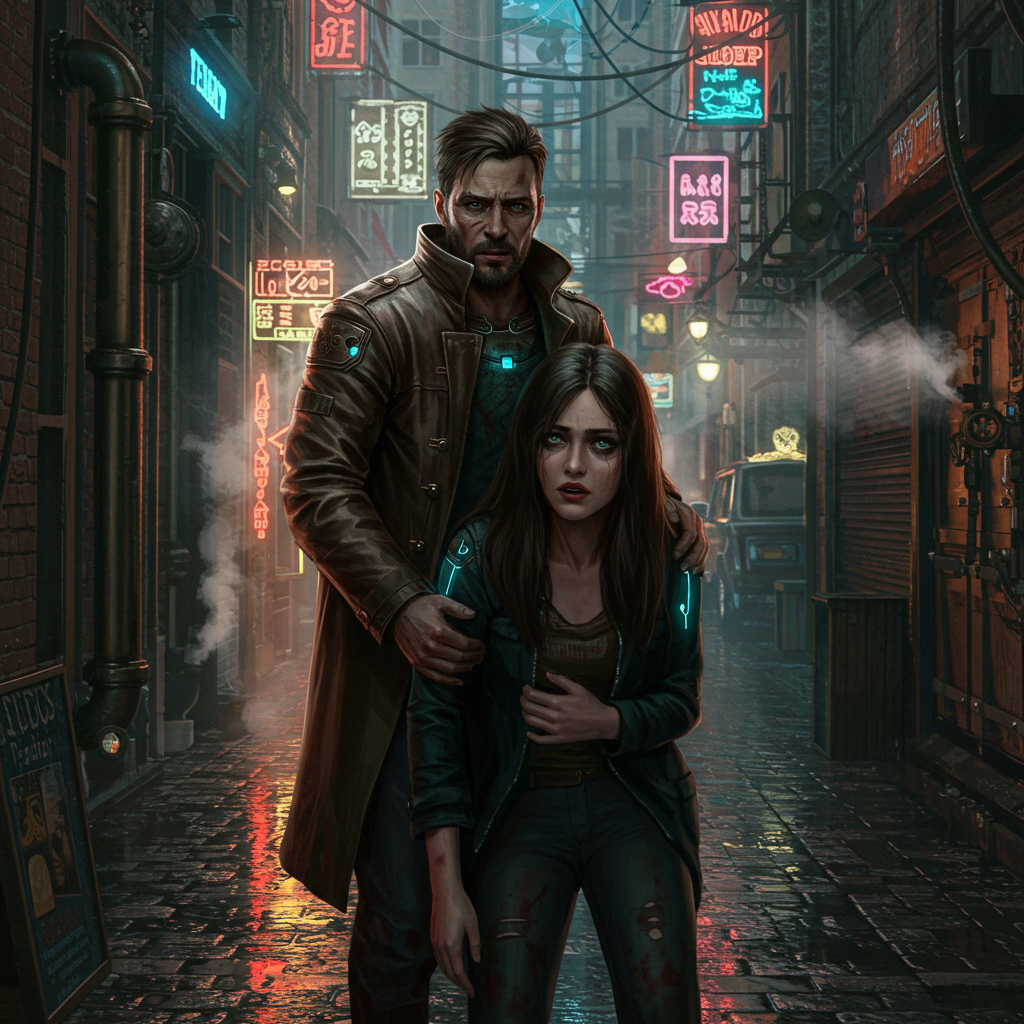 A man in a long coat stands protectively behind a frightened woman in a dark, neon-lit alley, embodying themes of rescue and sacrifice from the quote, You saved her, even though she wasn't yours to save.
