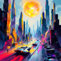 A vibrant futuristic cityscape with towering geometric skyscrapers, colorful sunlight casting reflections on sleek vehicles, embodying the spirit of possibility and self-determination.