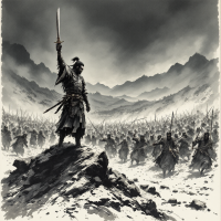 A warrior stands atop a rocky outcrop, sword raised high against a backdrop of a vast, looming army in a dramatic landscape, echoing the urgency of The Great War.